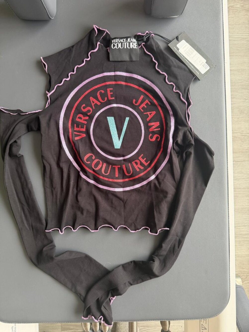 Versace Jeans Couture Cutout Glitter Red Purple Long Sleeve Logo Top – NWT ✨